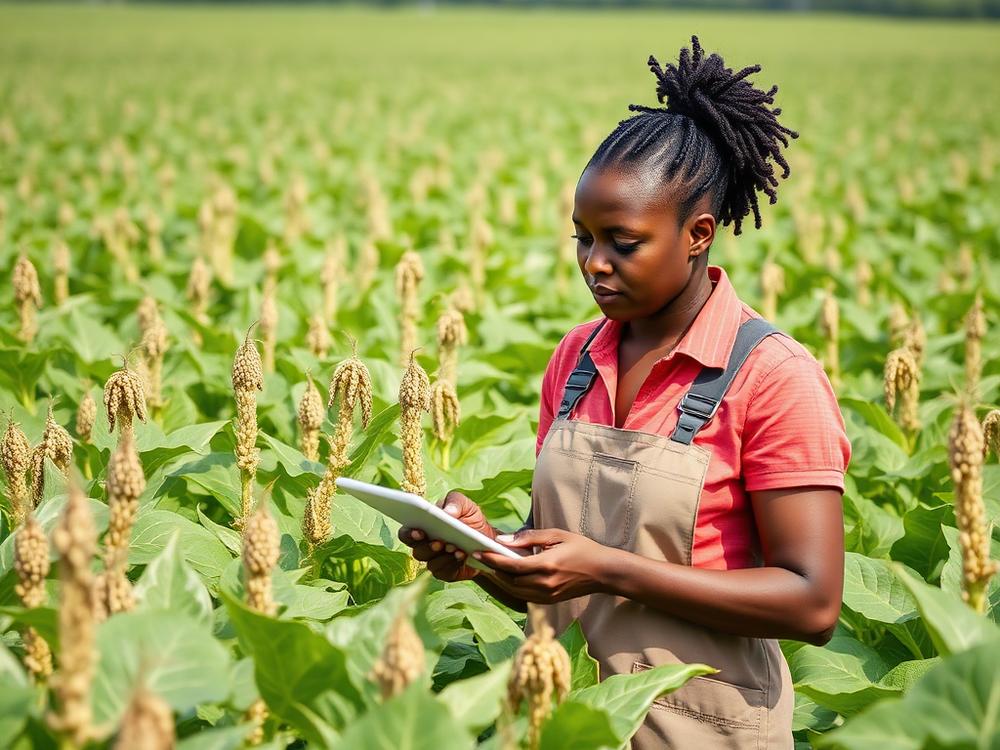 Agricultural professional inspecting crops in a commercial field