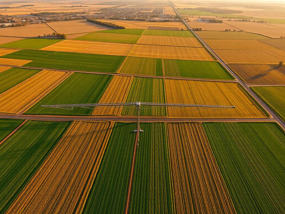 Aerial view of cultivated farmland with irrigation